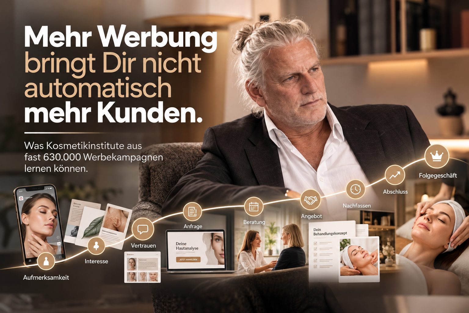 Dieter Schmitz vor dem Weg einer Kundin von der Aufmerksamkeit über Anfrage, Beratung und Angebot bis zum Folgegeschäft